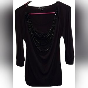 Stunning Women Takara Black Embellished 3/4 Sleeve Blouse Y2k Multi Strand Beads